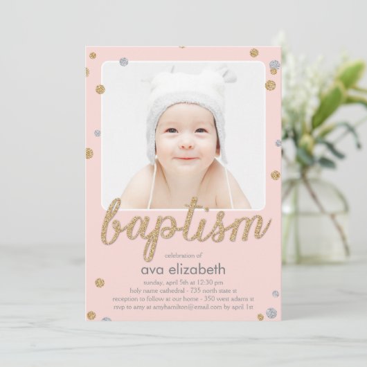 Leuke Confetti doopuitnodiging - Roze Kaart (Staand voorkant)