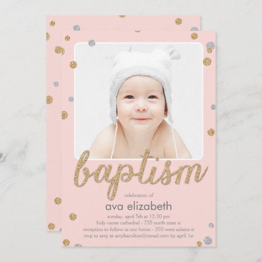 Leuke Confetti doopuitnodiging - Roze Kaart (Voorkant / Achterkant)