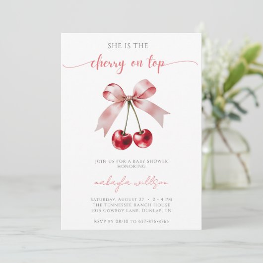 Leuke Coquette Cherry op Top Baby shower roze & ro Kaart (Staand voorkant)