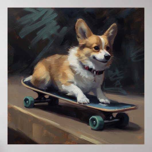 Leuke Corgi Riding Skateboard Poster (Voorkant)
