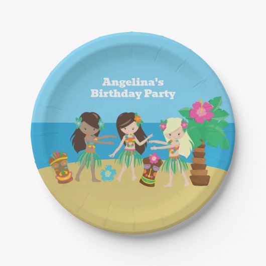 Leuke Custom Luau Beach Hula Meisjes Verjaardagsfe Papieren Bordje (Voorkant)