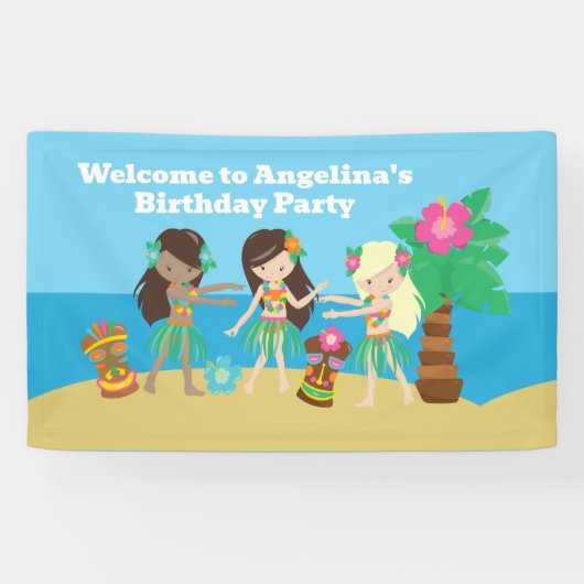 Leuke Custom Luau Beach Hula Meisjes Verjaardagsfe Spandoek (Horizontaal)