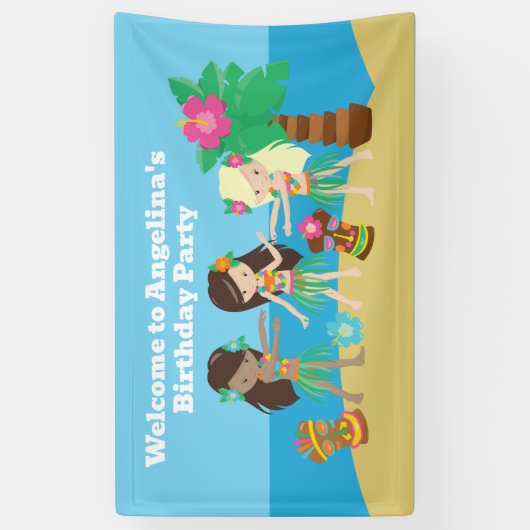 Leuke Custom Luau Beach Hula Meisjes Verjaardagsfe Spandoek (Verticaal)