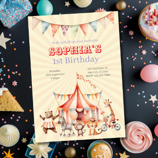 Leuke Cute Rode en Roze Circus Kinderen Verjaardag Kaart