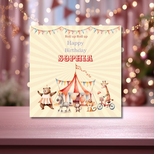 Leuke Cute Rode & Roze Circus Kinderen Verjaardag Kaart