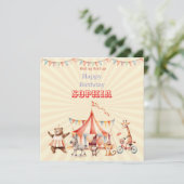 Leuke Cute Rode & Roze Circus Kinderen Verjaardag Kaart (Staand voorkant)