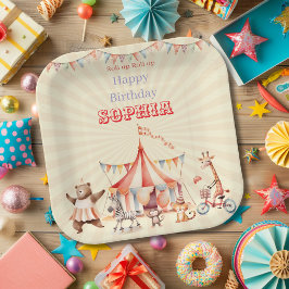 Leuke Cute Rode & Roze Circus Kinderen Verjaardag Papieren Bordje