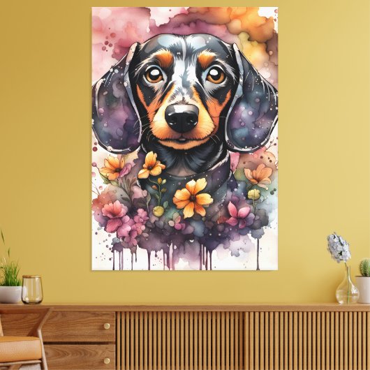 Leuke Dachshund Dog in de Waterverf Canvas Afdruk (Insitu (Woonkamer))