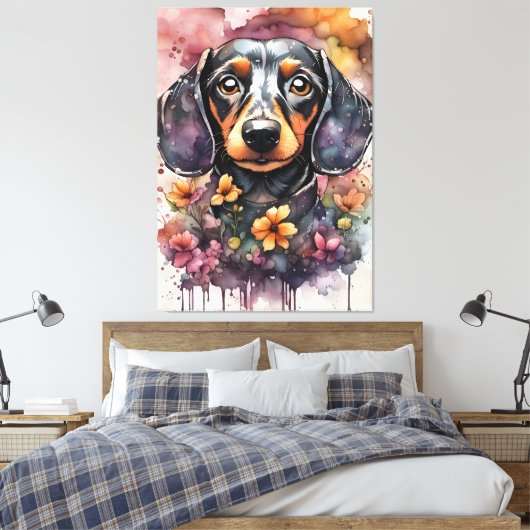 Leuke Dachshund Dog in de Waterverf Canvas Afdruk (Insitu (Slaapkamer))