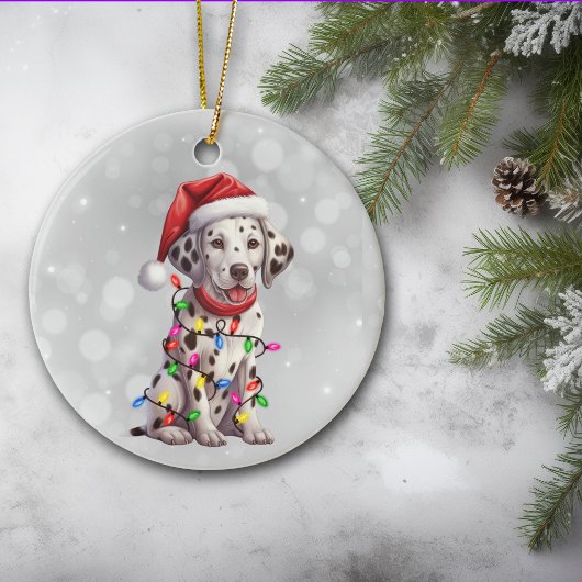 Leuke Dalmatische Puppy Verpakt in Kerstverlichtin Keramisch Ornament