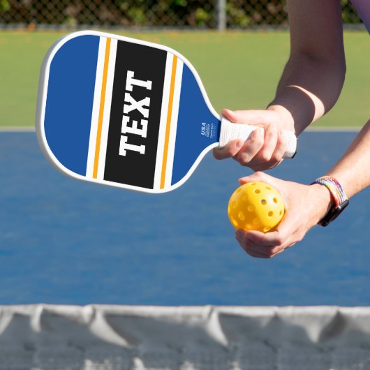 Leuke Deep Blue Geel Zwart Wit Racing Stripes Pickleball Paddle (Insitu)