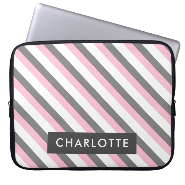 Leuke diagonale strepen patroon aangepaste naam laptop sleeve (Voorkant)