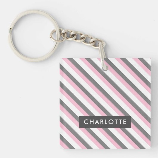 Leuke diagonale strepen patroon aangepaste naam sleutelhanger (voorkant)