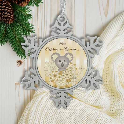 Leuke Dier Baby Koala Gold Effect Stripe Kinder Tin Sneeuwvlok Ornament