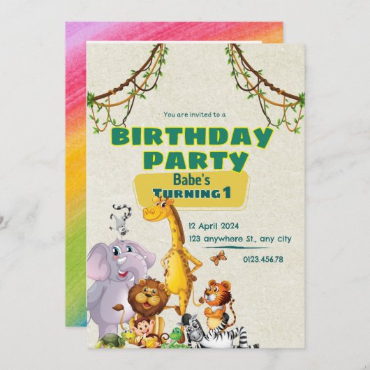 Leuke Dieren 1e verjaardag uitnodiging (Voorkant / Achterkant)