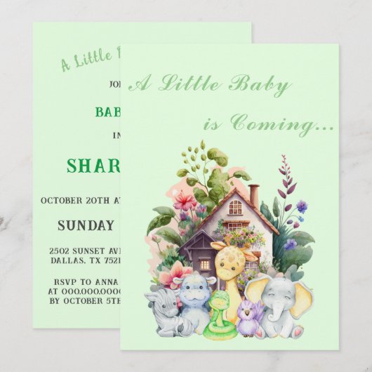Leuke Dieren Baby shower Invitation | Munt Kaart (Voorkant / Achterkant)