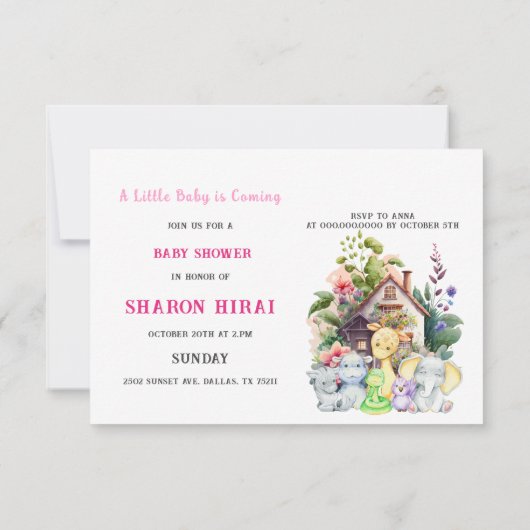 Leuke Dieren Baby shower Invitation | roze | Horiz Kaart (Achterkant)
