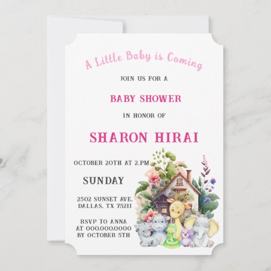 Leuke Dieren Baby shower Invitation | roze Kaart (Achterkant)