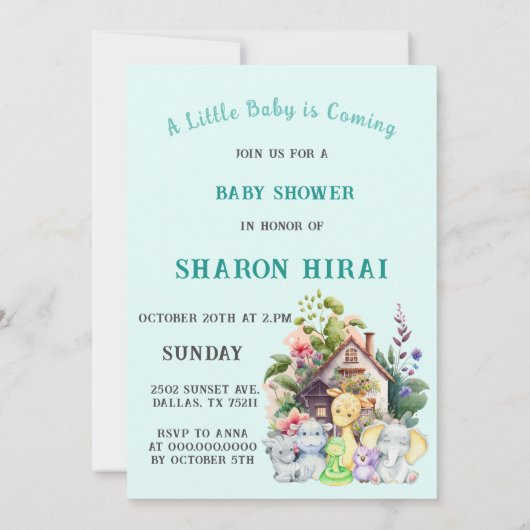 Leuke Dieren Baby shower Invitation | turkoois Kaart (Achterkant)