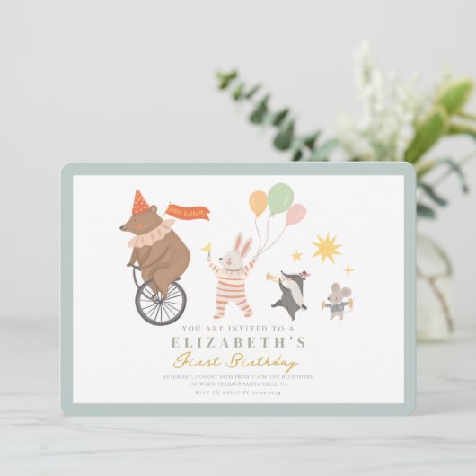 Leuke dieren band eerste verjaardag kaart (Staand voorkant)