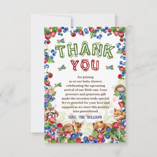 Leuke Dieren Botanische Berry Natuur Baby shower Bedankkaart (Voorkant)