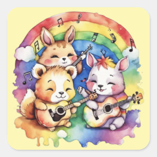 Leuke dieren die muziek spelen in de regenboog vierkante sticker