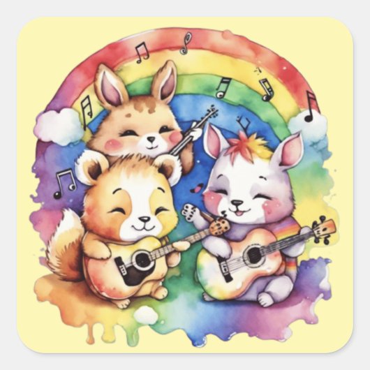 Leuke dieren die muziek spelen in de regenboog vierkante sticker (Voorkant)