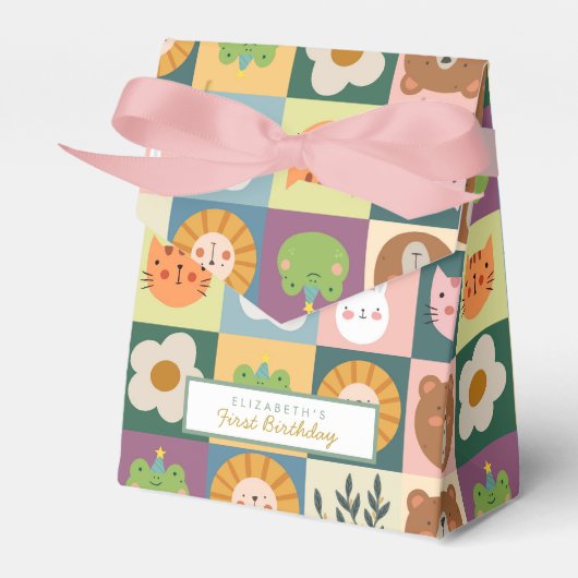 Leuke dieren eerste verjaardag gunst box bedankdoosjes (Voorkant Zijde)