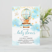 Leuke dieren heteluchtballon jongen baby shower kaart (Staand voorkant)