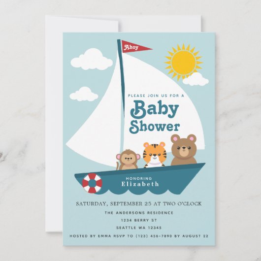 Leuke dieren in de boot Baby shower uitnodiging (Voorkant)
