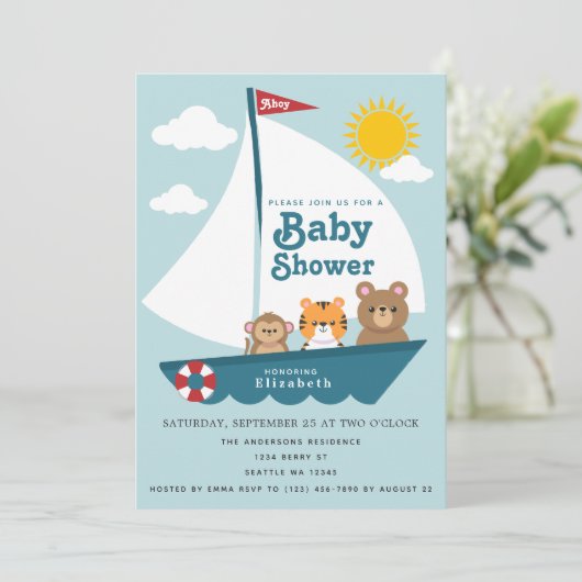 Leuke dieren in de boot Baby shower uitnodiging (Staand voorkant)