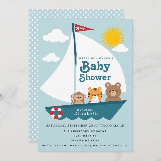 Leuke dieren in de boot Baby shower uitnodiging (Voorkant / Achterkant)