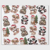 Leuke dieren in de kerst petten cadeaupapier (Vlak)