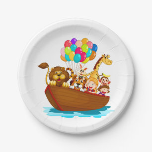 Leuke dieren in een boot met ballonnen papieren bordje
