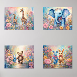 Leuke dieren in pastel bloementuinen muurkunst sets