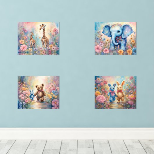 Leuke dieren in pastel bloementuinen muurkunst sets (Houten vloer)