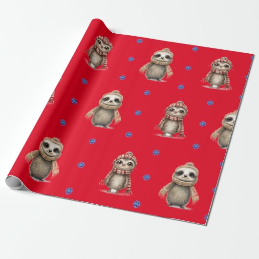 Leuke dieren in Sjaals Kerstmis op Rood Cadeaupapier (Uitgerold)