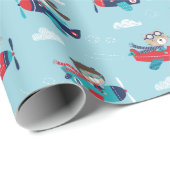 Leuke dieren in vliegtuigen op blauw Wrapping Papi Cadeaupapier (Rol Hoek)