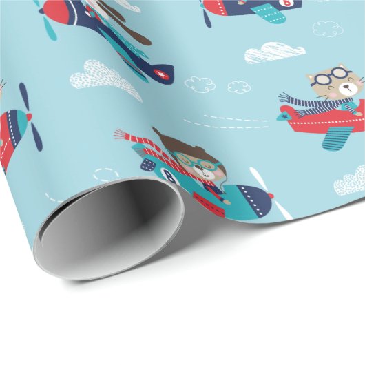 Leuke dieren in vliegtuigen op blauw Wrapping Papi Cadeaupapier (Rol Hoek)