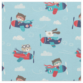 Leuke Dieren in Vliegtuigen op lichtblauw Stof