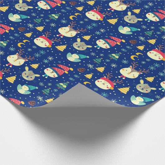 Leuke dieren Kerstbomen Blauwe Kerst Cadeaupapier (Hoek)
