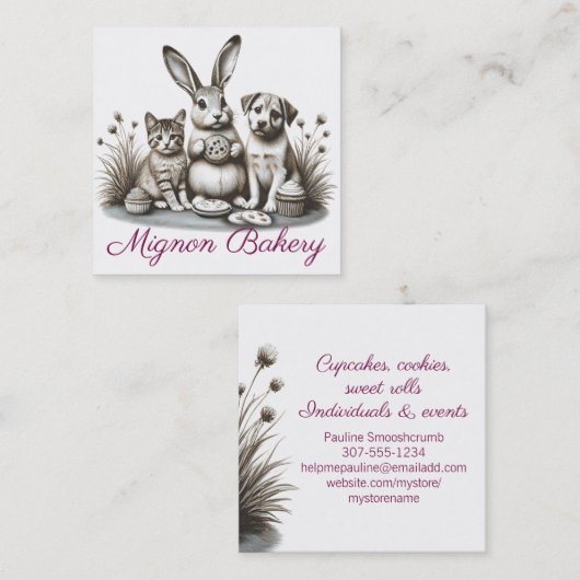 Leuke dieren konijntje kat eten koekje bakkerij vierkante visitekaartje (Voorkant / Achterkant)