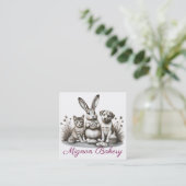 Leuke dieren konijntje kat eten koekje bakkerij vierkante visitekaartje (Staand voorkant)