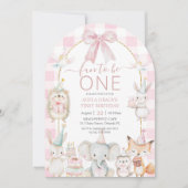 Leuke dieren leuk om een 1e verjaardag roze boog t kaart (Voorkant)