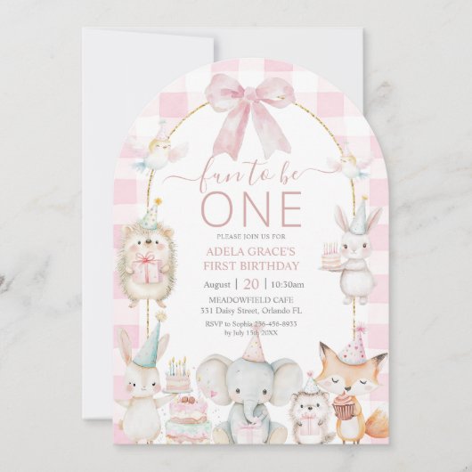 Leuke dieren leuk om een 1e verjaardag roze boog t kaart (Voorkant)