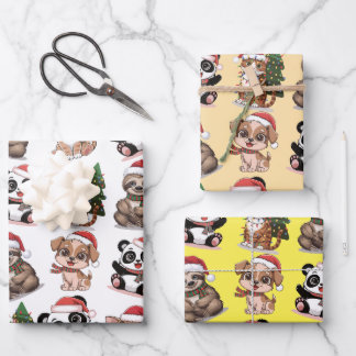 Leuke dieren met kerst petten inpakpapier vel