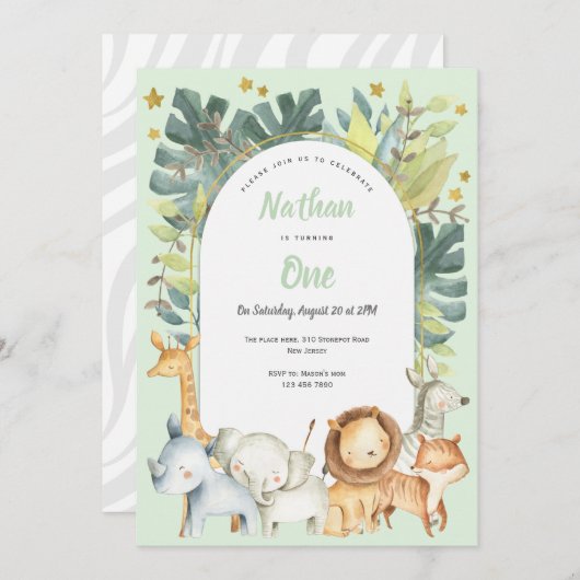 Leuke dieren oerwoud safari eerste verjaardag kaart (Voorkant / Achterkant)