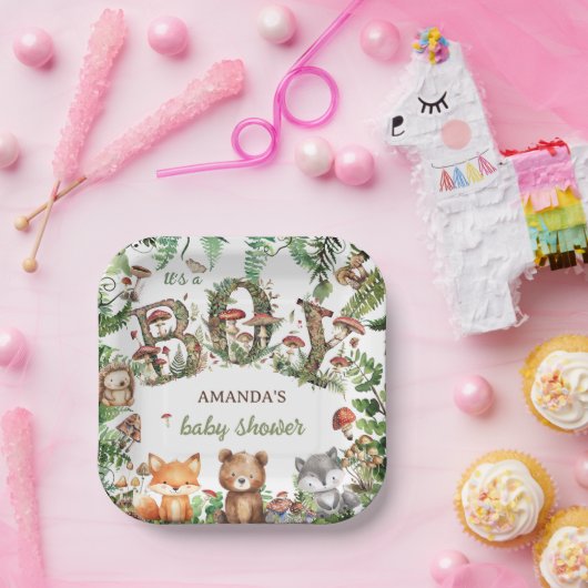 Leuke dieren Paddestoel bos baby jongen douche Papieren Bordje (Feest)