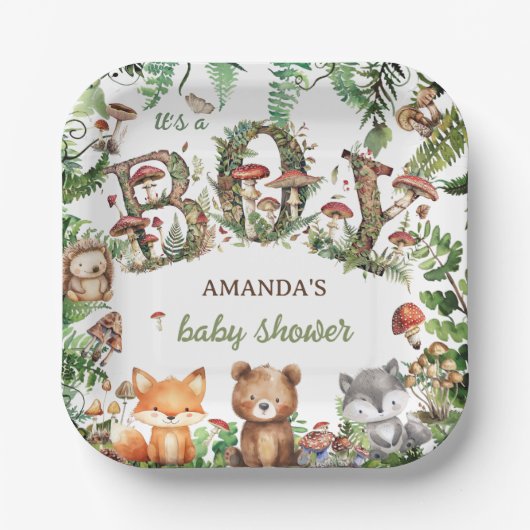 Leuke dieren Paddestoel bos baby jongen douche Papieren Bordje (Voorkant)