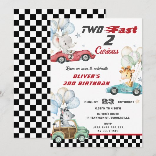 Leuke dieren Race auto's 2e verjaardag twee snel Kaart (Voorkant / Achterkant)